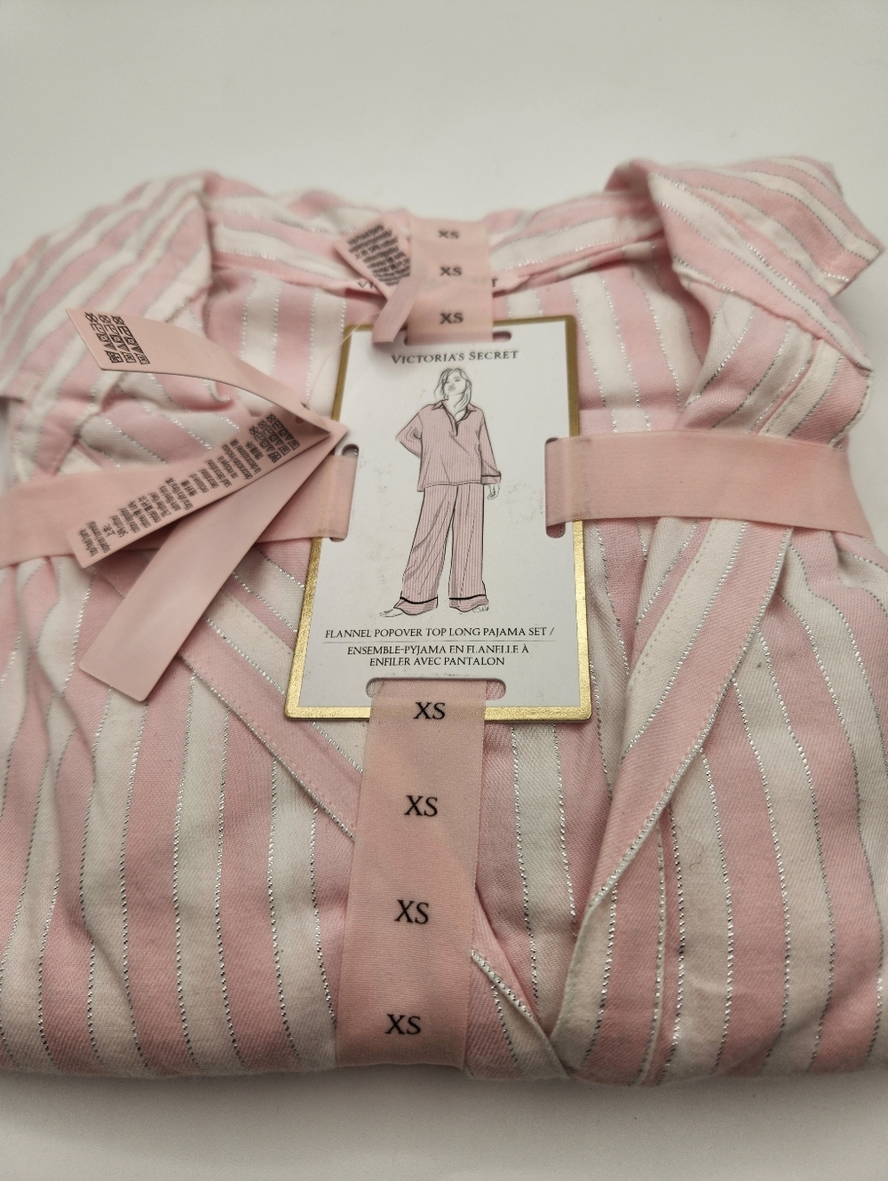 Victoria's Secret Iconic Pink & Silver Striped Flannel Pajama Set Size XS